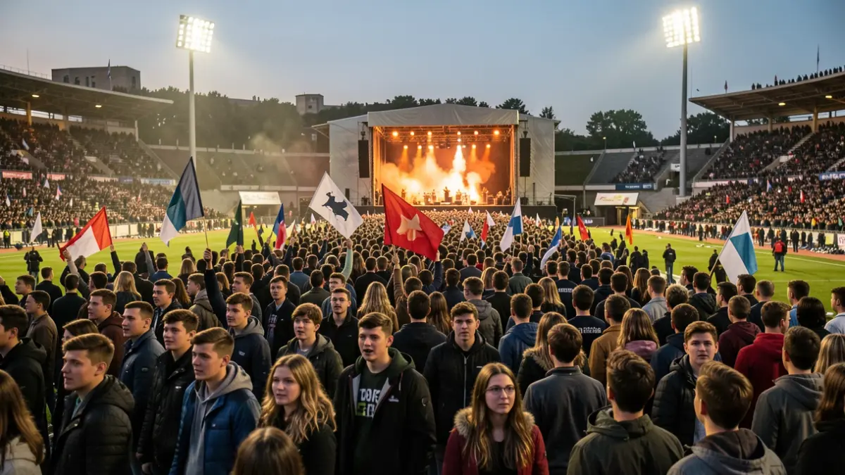 Generic image of a young crowd in a stadium with flags.