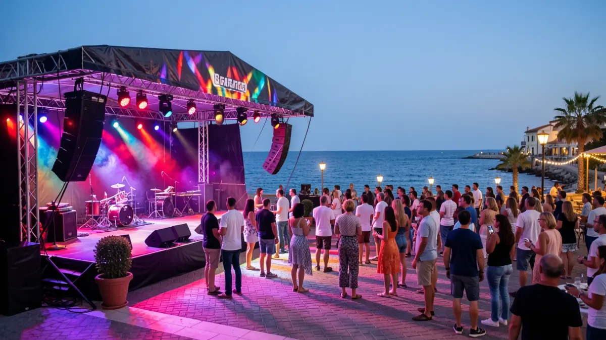 Imagen genérica de un escenario de festival en la costa al atardecer.