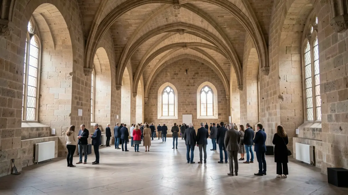 Interior de l'església de Sant Francesc a Montblanc preparada per a una exposició cultural.