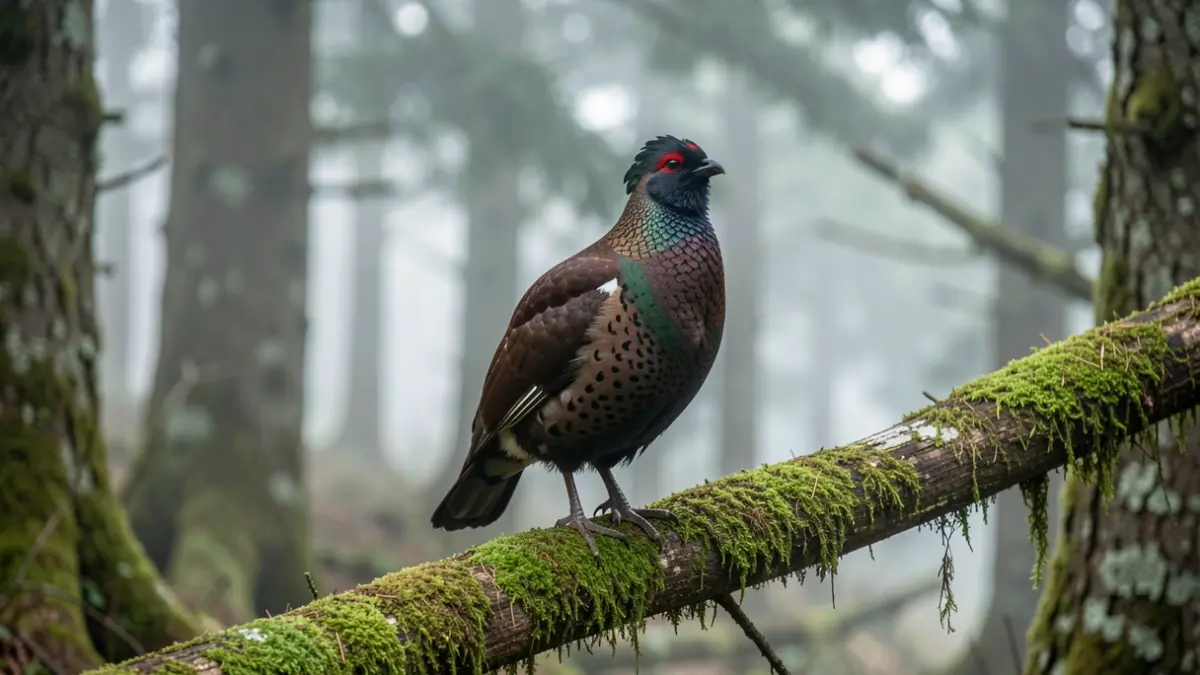Image of a male capercaillie in a Pyrenean forest.