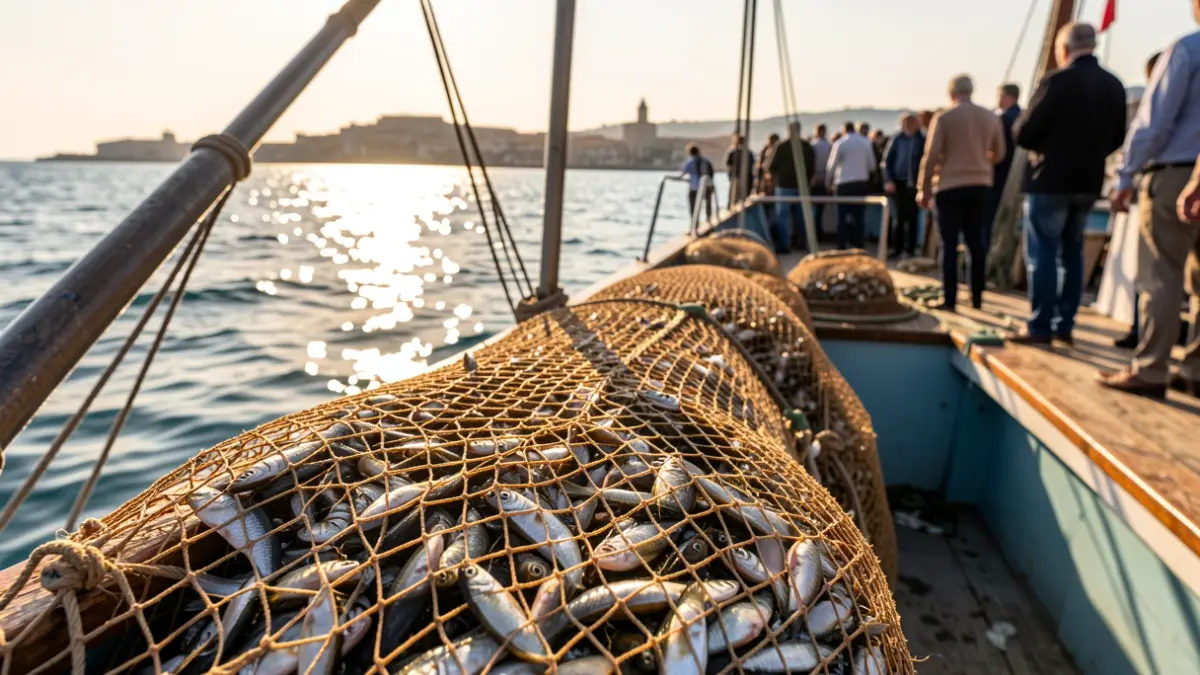 Xarxa de pesca amb peixos capturats, amb el mar Mediterrani al fons i la llum del sol.