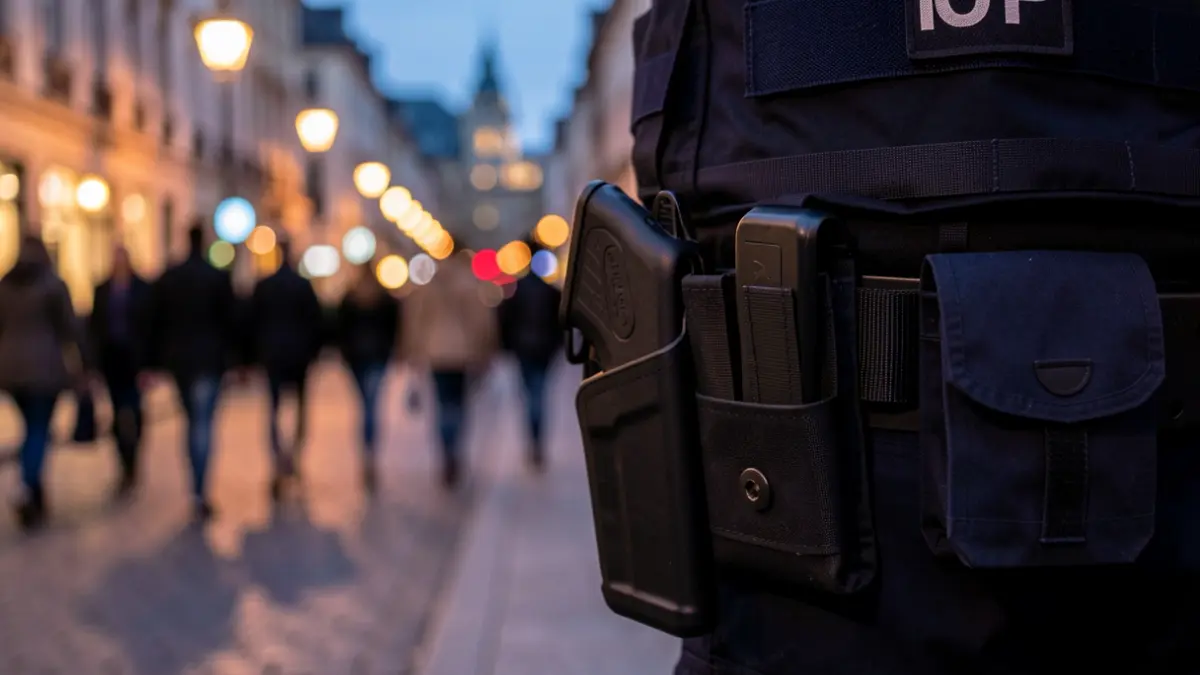Generic image of a police utility belt in an urban setting.