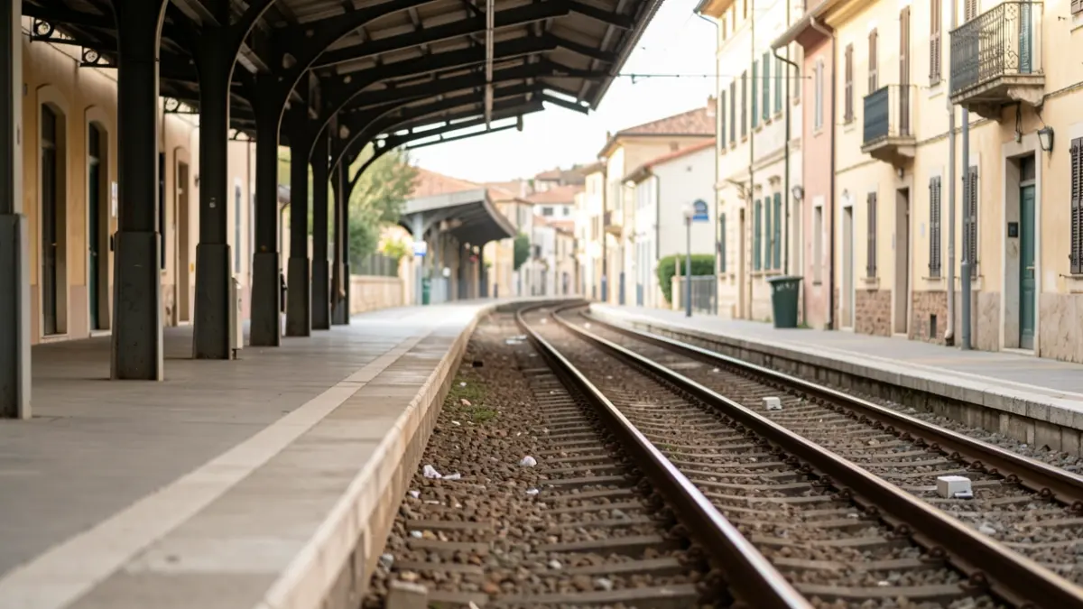 Empty train platform with tracks curving into the distance under a canopy, soft daylight, no train or text visible.
