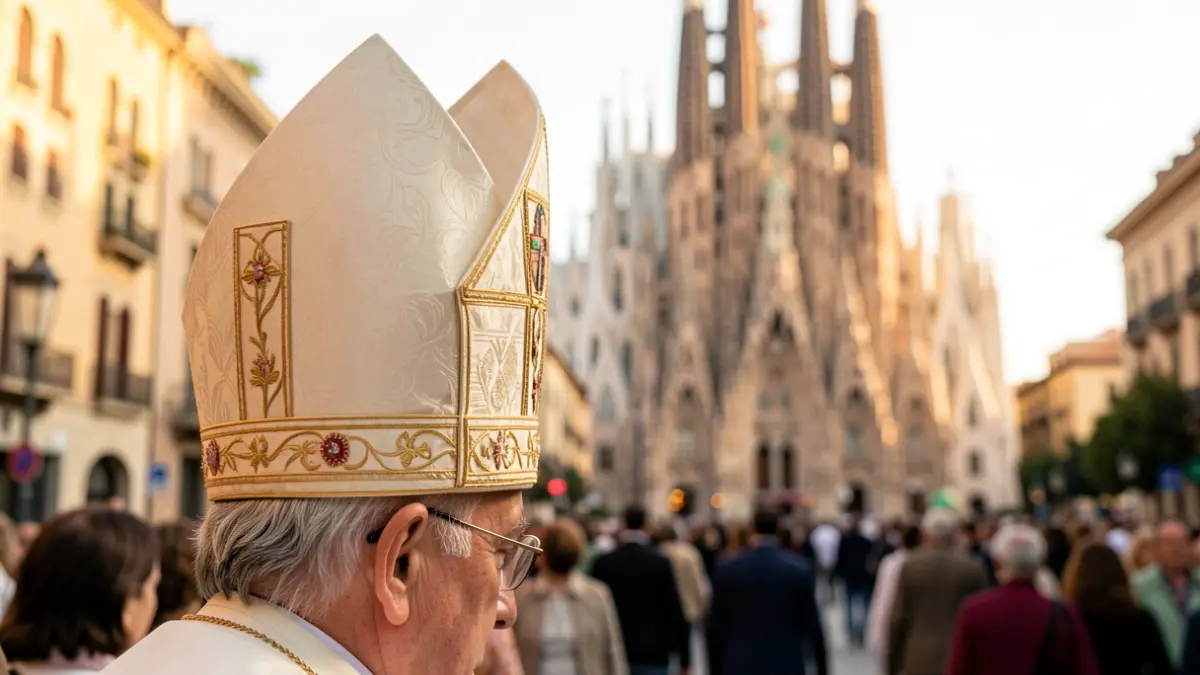 Generic image of a papal tiara with Barcelona's Sagrada Familia in the background.