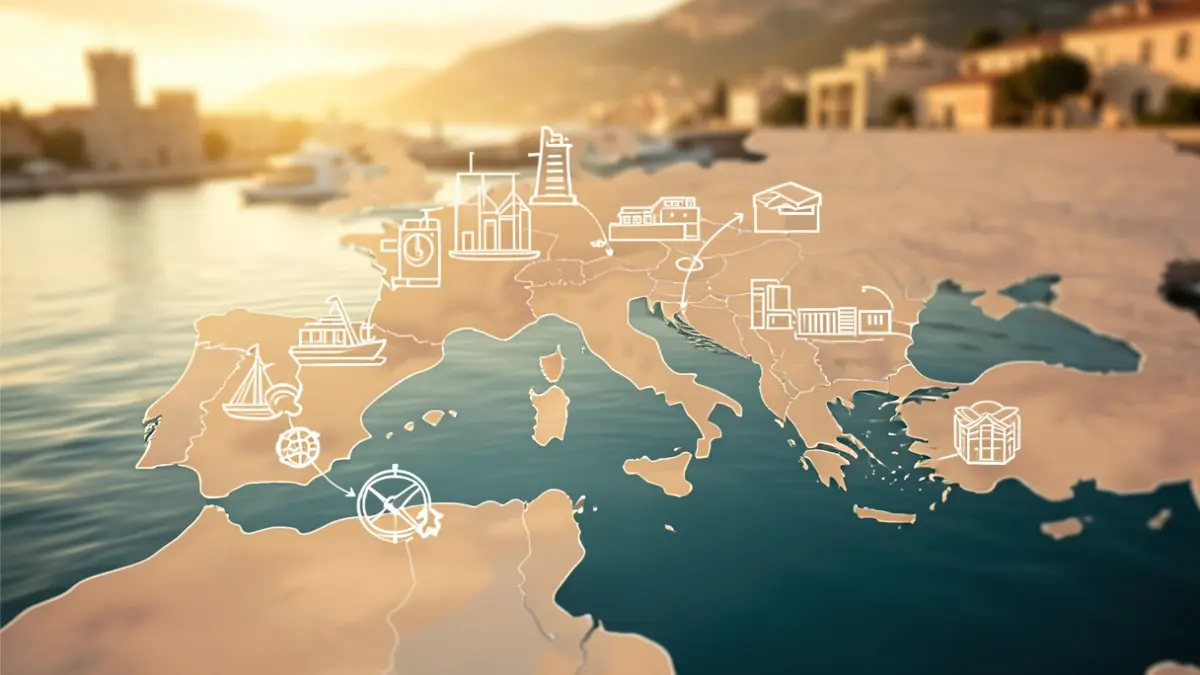 Imatge genèrica del mar Mediterrani amb símbols econòmics.