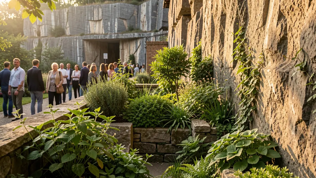 Imatge d'un petit jardí amagat a la Sagrada Família, amb vegetació i murs de pedra.