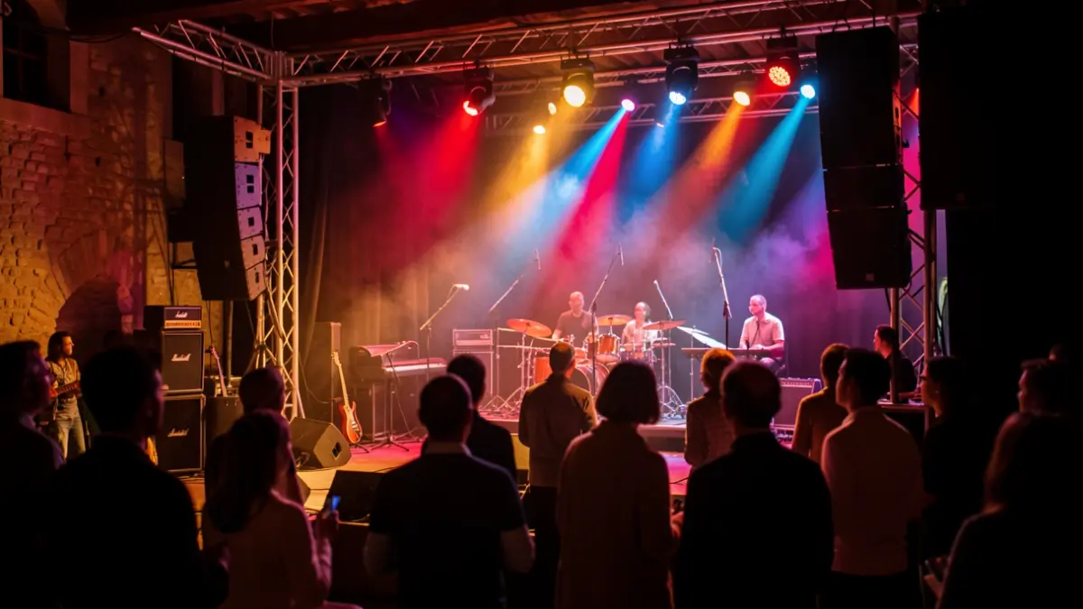 Atmosphere of a punk rock concert in an indoor venue with colored lights.