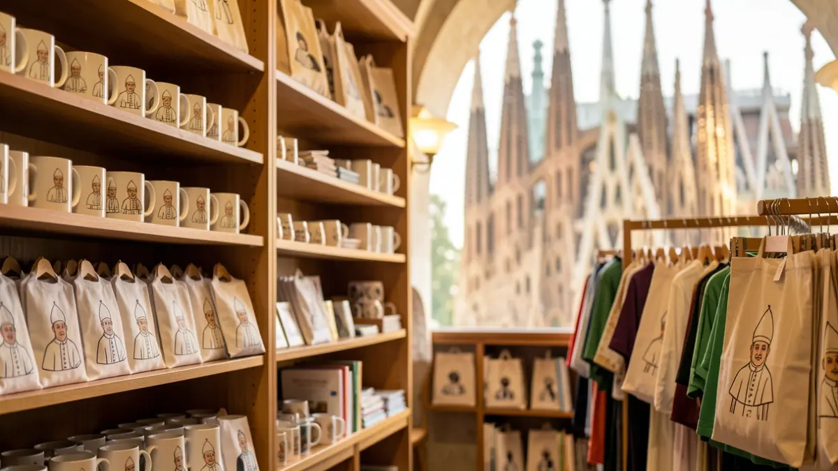 Imagen genérica de tienda de souvenirs con artículos relacionados con la visita del papa.