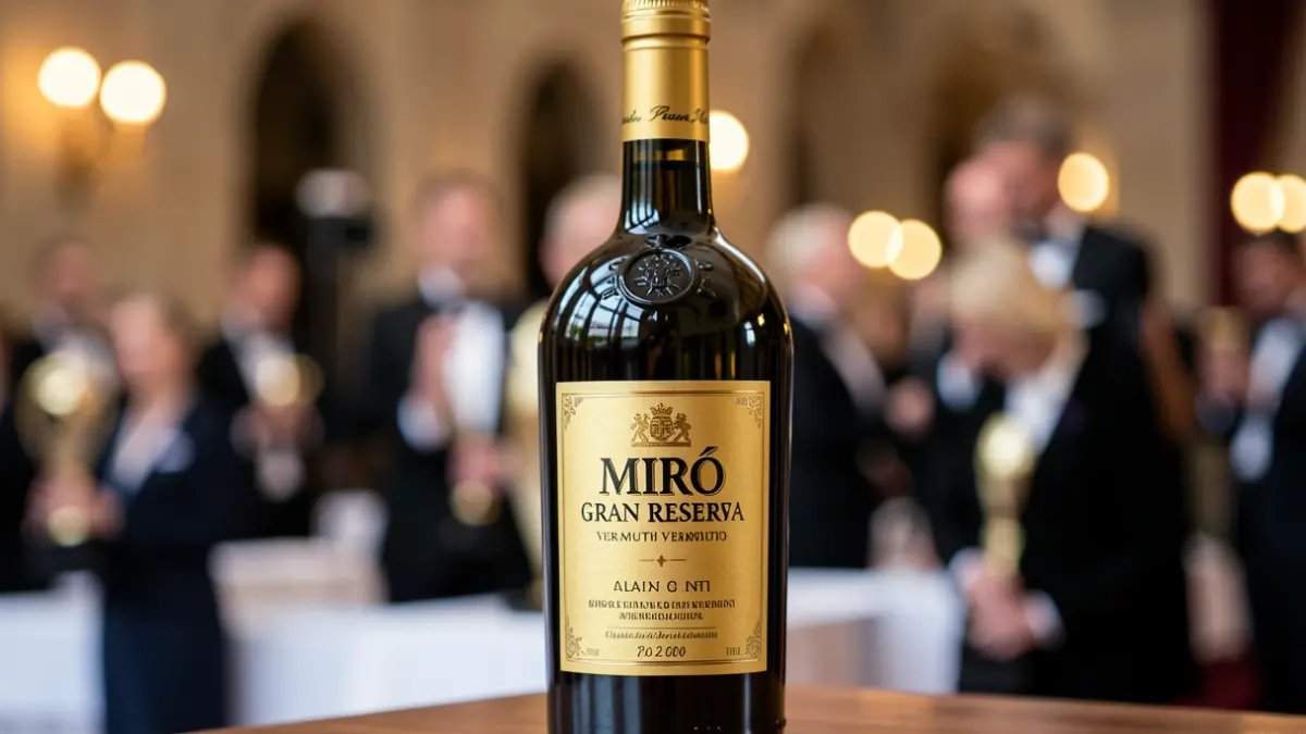 Ampolla del vermut Miró Gran Reserva amb etiqueta daurada.