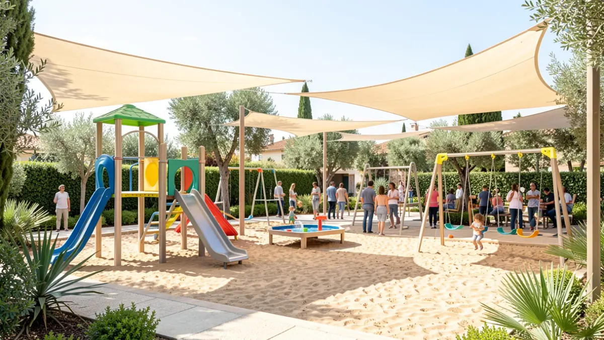 Generic image of a modern playground with inclusive play structures and Mediterranean vegetation.