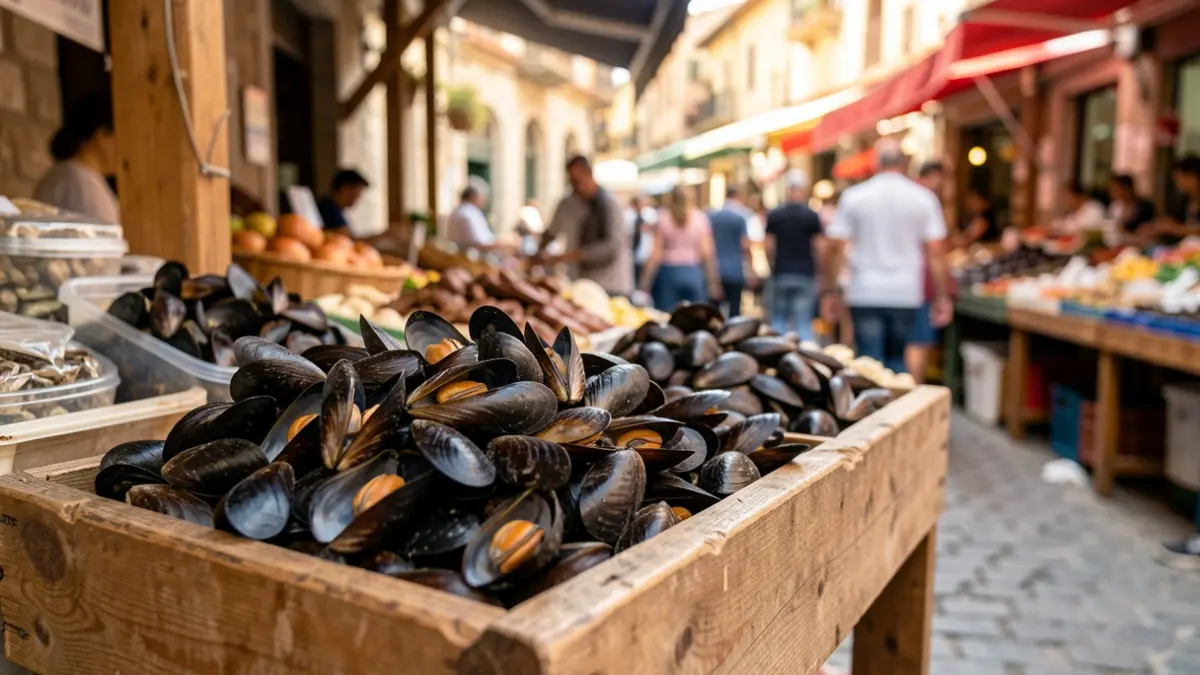 Generic image of fresh mussels at a local market.