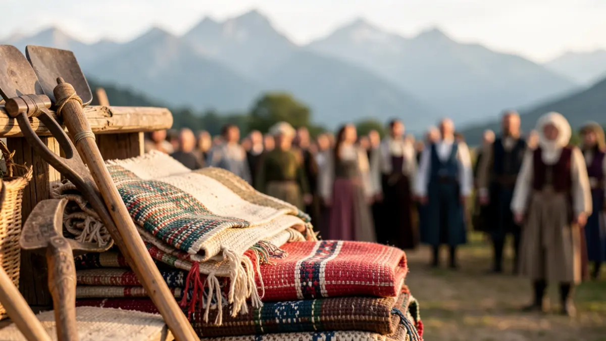 Generic image of pastoral tools and traditional textiles with mountains in the background.