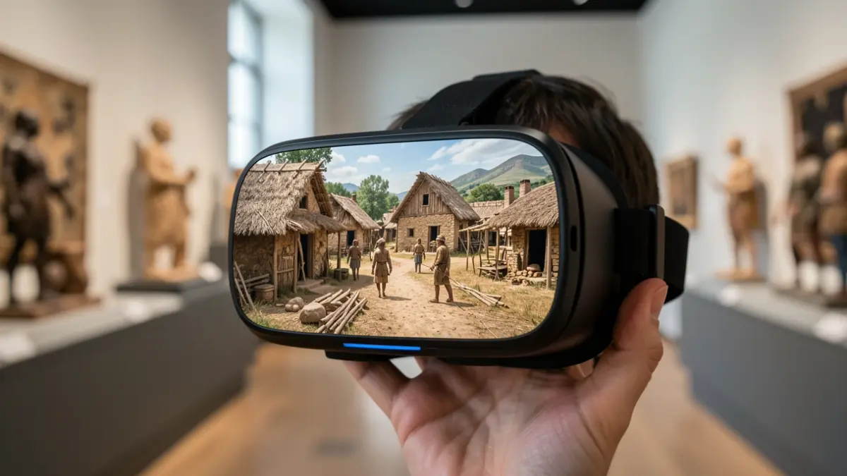 Image of a virtual reality headset displaying a prehistoric village.
