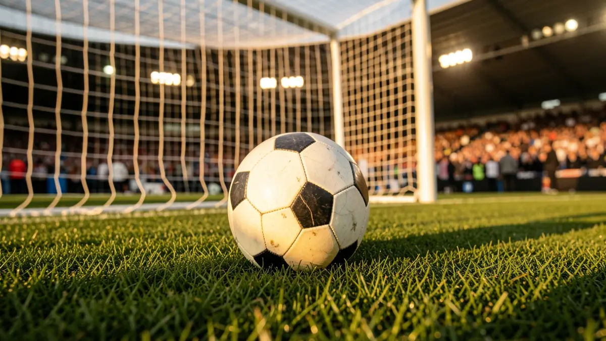 Generic image of a soccer ball on green grass at sunset.