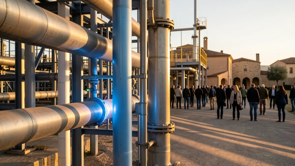 Generic image of industrial pipes with a subtle blue glow, symbolizing decarbonization.
