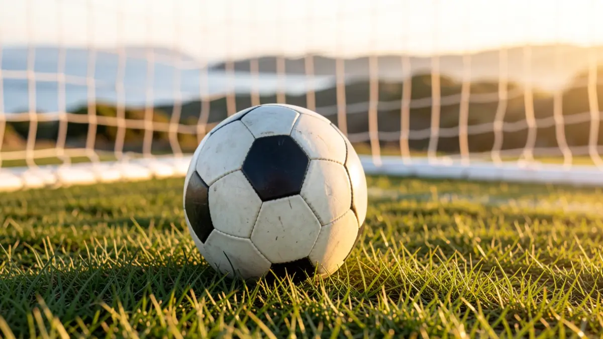 Pilota de futbol sobre gespa amb la xarxa de la porteria desenfocada al fons.