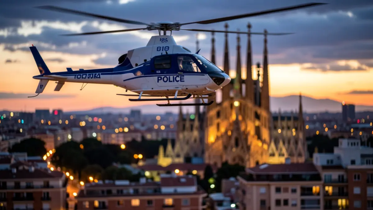 Police helicopter flying over Barcelona at dusk with the Sagrada Familia in the background.