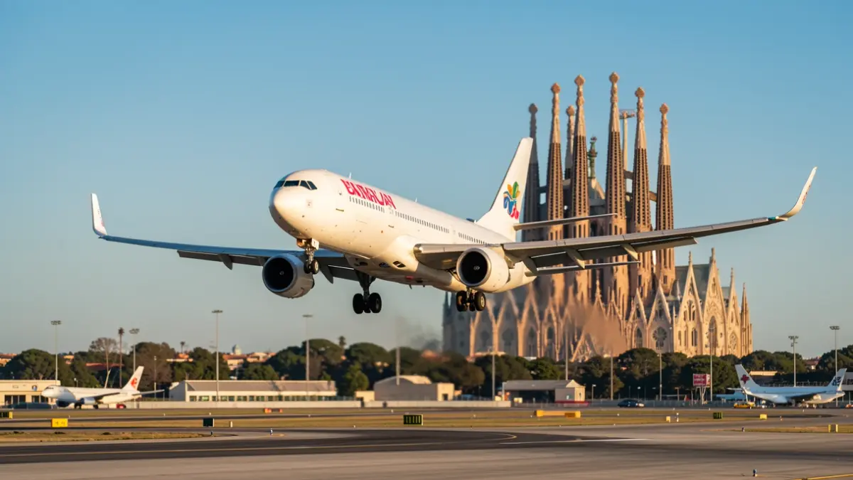 Avión papal despegando del aeropuerto de Barcelona con la Sagrada Familia al fondo.