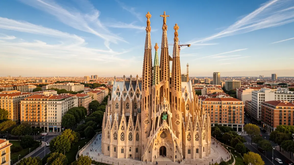 Vista aèria de la Sagrada Família amb la Torre de Jesús destacada.