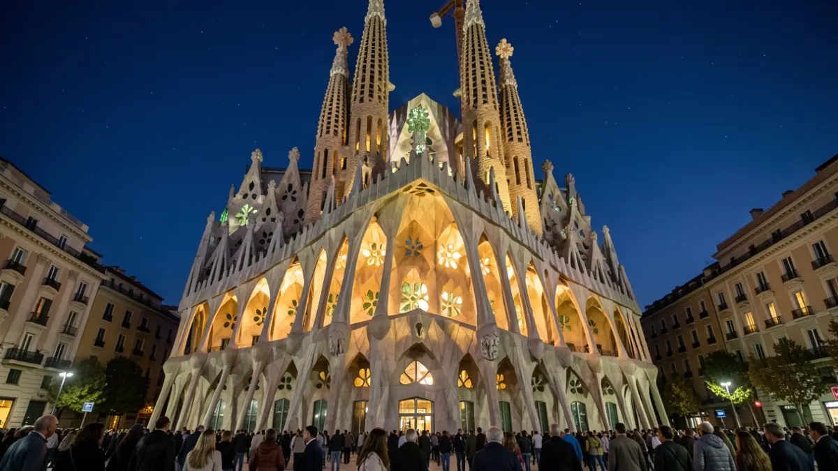 Image of the Sagrada Familia illuminated at night.