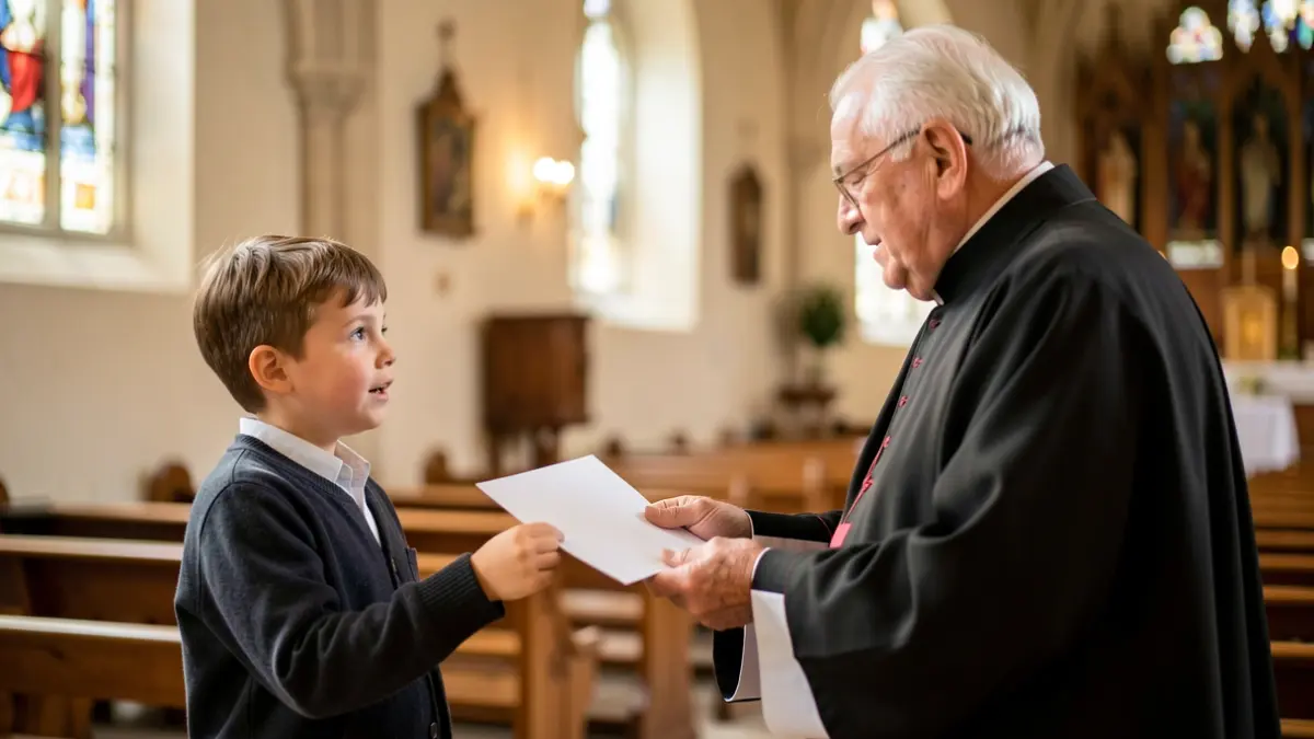 Nen lliurant una carta al papa en una església.