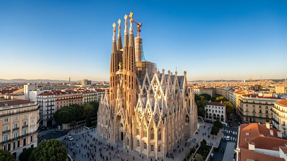 Vista aèria de la basílica de la Sagrada Família a Barcelona amb la torre de Jesús destacada.