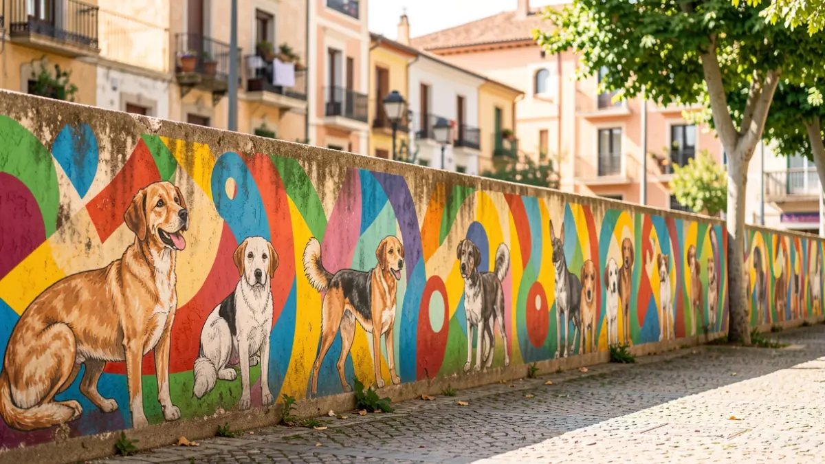 Mural de gossos i formes diverses al parc de la Barceloneta.