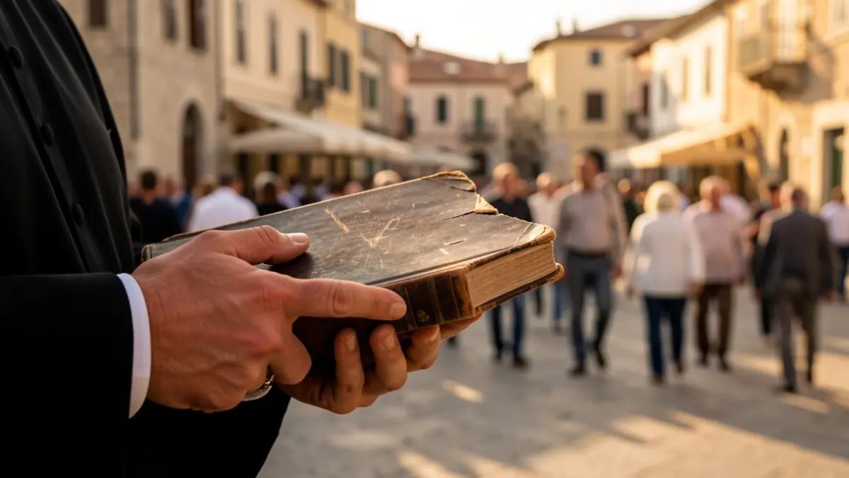 Generic image of a priest's hands holding a Bible, with a blurred Mediterranean urban setting.