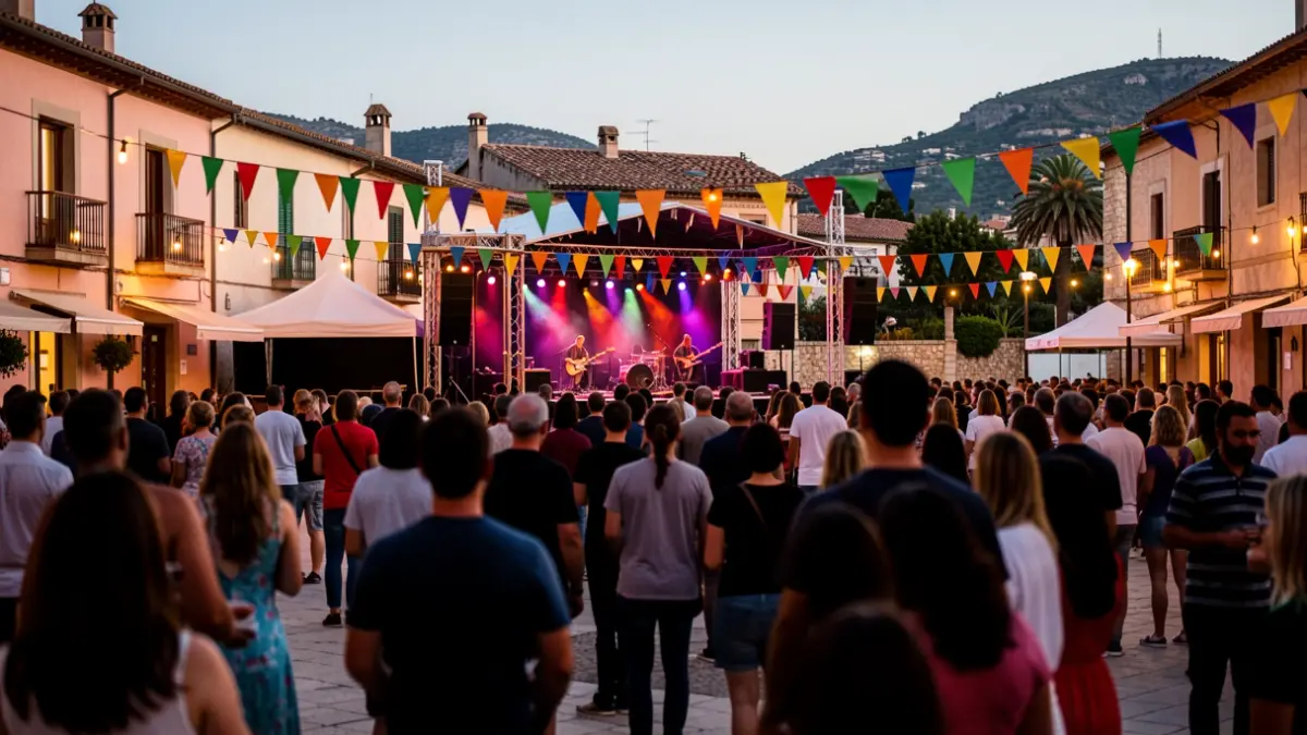 Escena d'un festival de música a l'aire lliure en una plaça d'un poble costaner mediterrani.