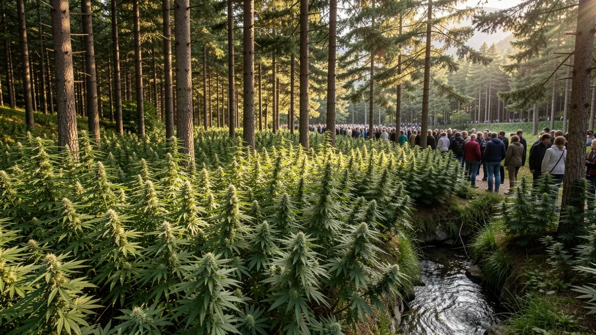 Generic image of marijuana plants in a hidden outdoor plantation within a pine forest in the Pyrenees.