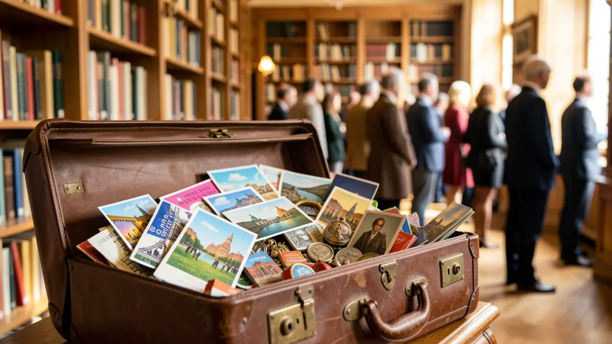 Travel suitcase full of souvenirs in front of a library.