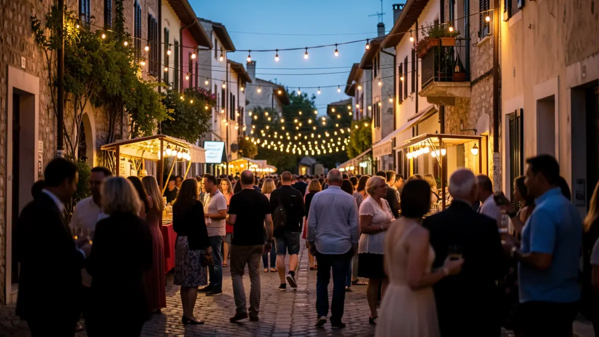Ambient festiu al carrer durant una celebració de barri amb llums penjants.