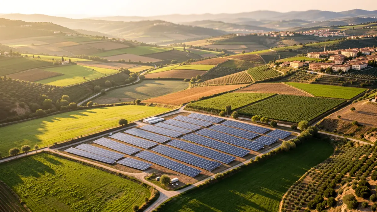 Aerial view of agricultural fields with solar panel installation in the Alta Ribagorça region.