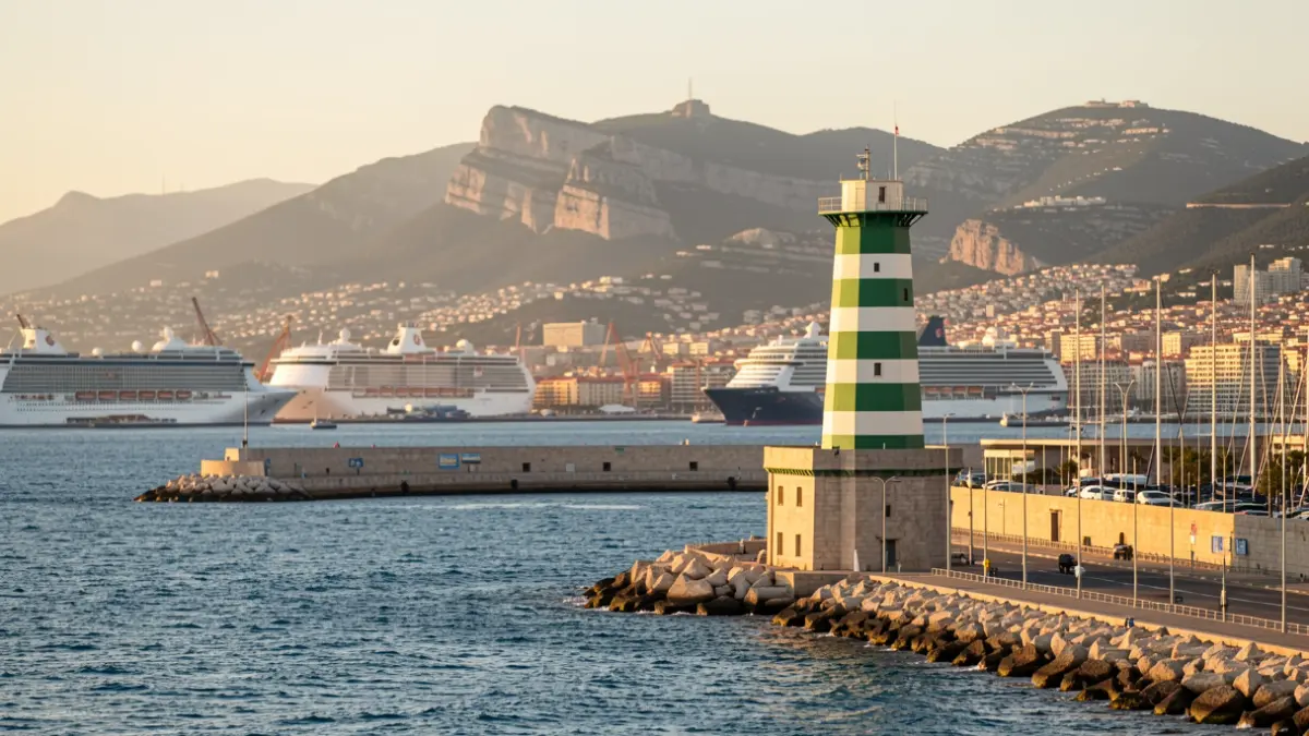 Torre de la bocana norte del Puerto de Barcelona con la montaña de Montjuïc al fondo.