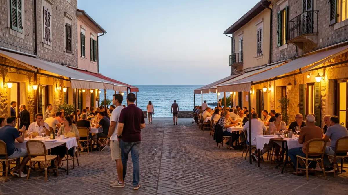 Generic image of a Mediterranean coastal town square at dusk with restaurant terraces.