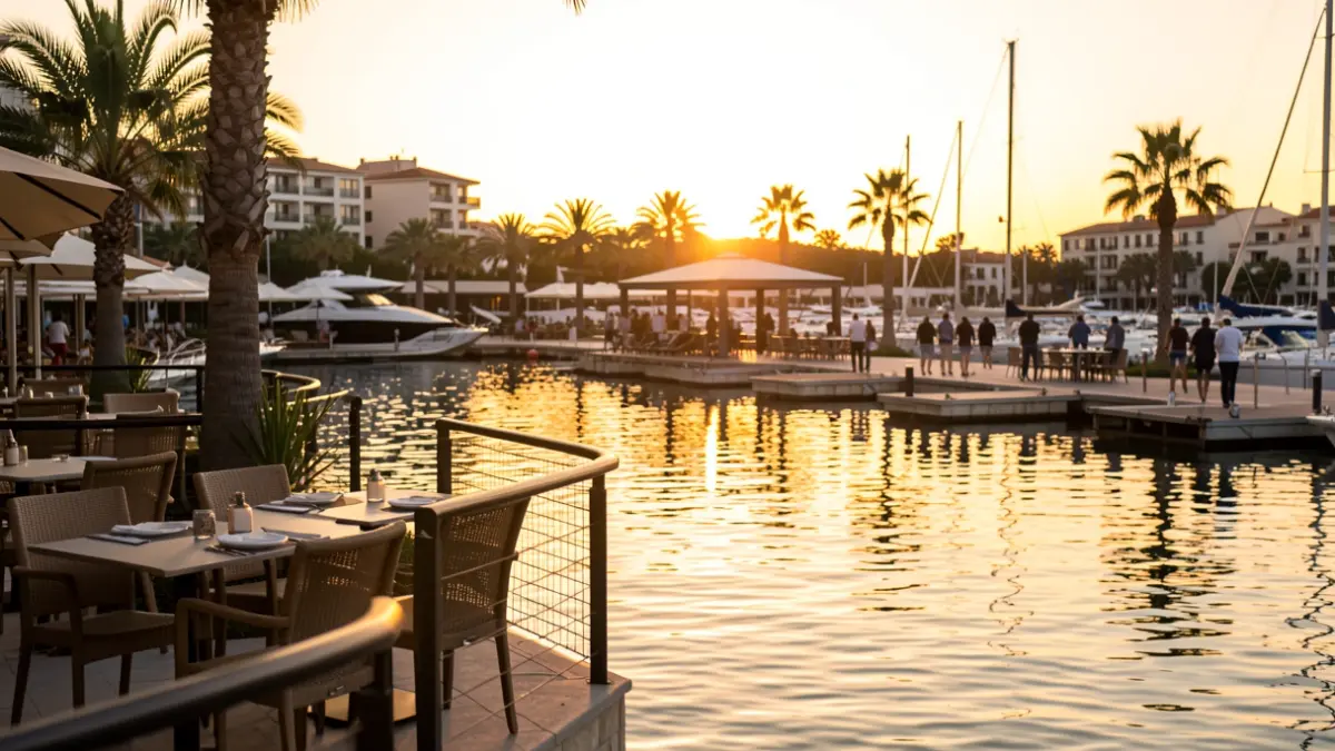 General view of the leisure area at Port Fòrum during sunset.