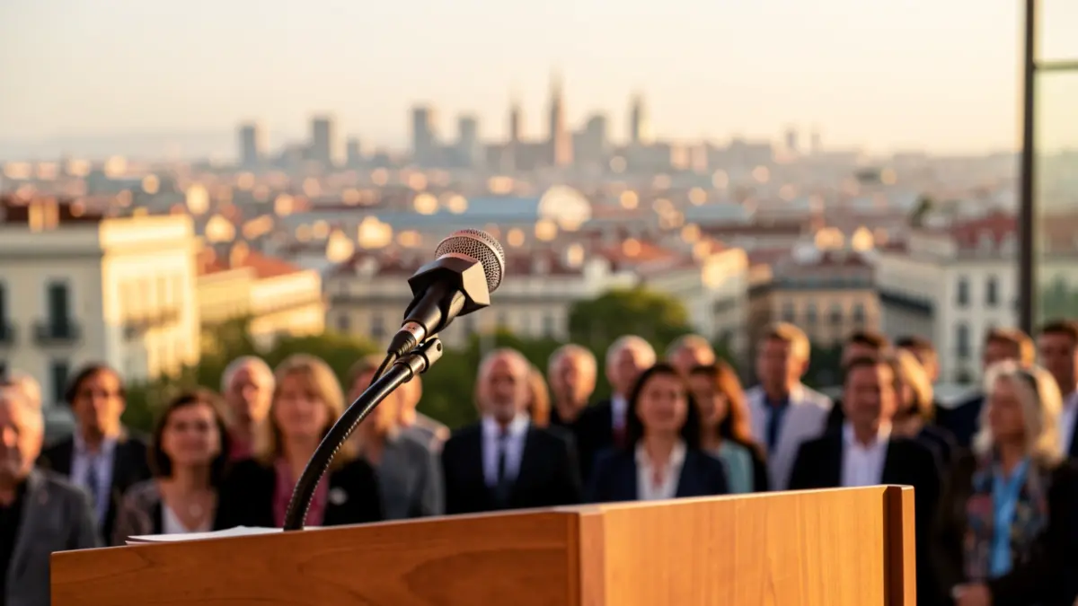 Imatge genèrica d'un micròfon en un faristol amb la silueta de Barcelona al fons.