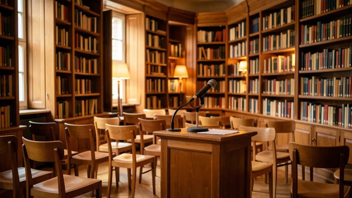 Interior d'una biblioteca amb prestatgeries de fusta i un micròfon en un faristol.