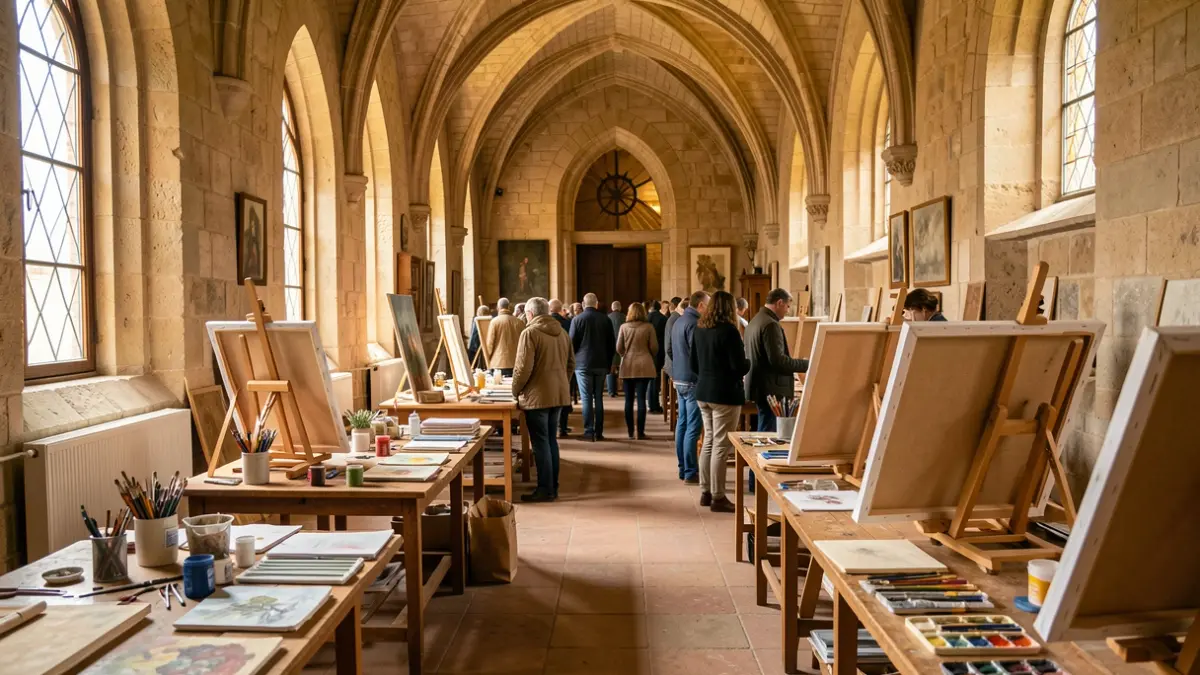 Interior d'una sala d'un convent històric a Catalunya amb material artístic i llenços inacabats.