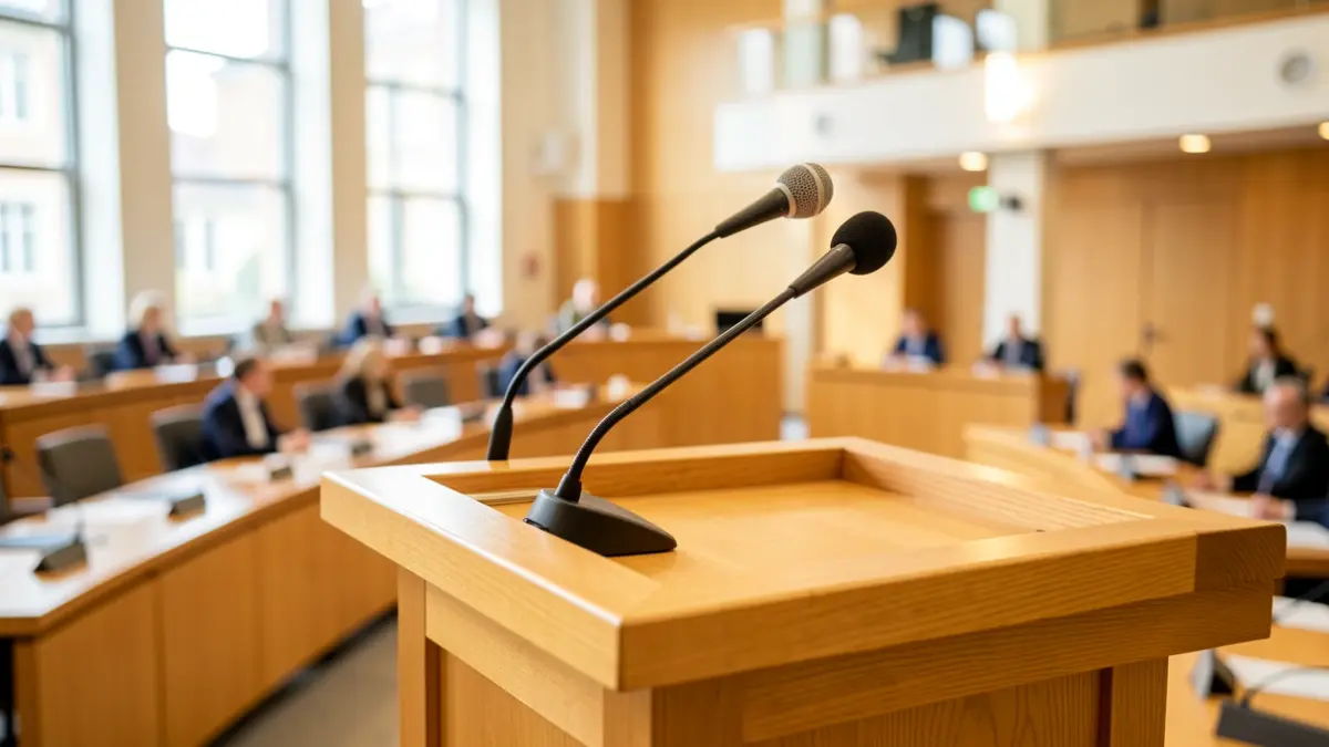 Imatge genèrica d'un faristol amb micròfon en una sala de plens municipal.