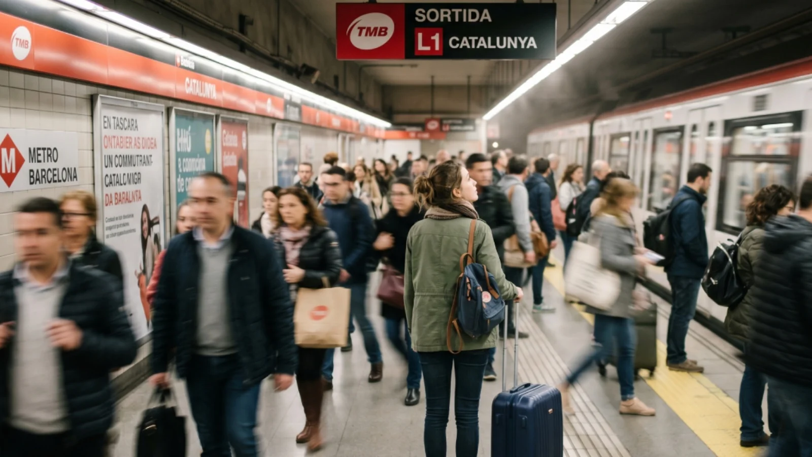 Noia jove amb maleta d'esquena en una estació de metro de Barcelona