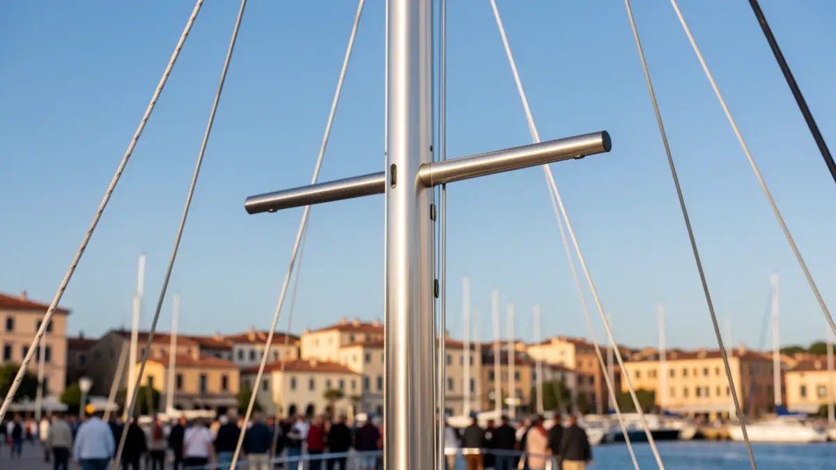 Imagen de detalle de un mástil de velero en un puerto mediterráneo.