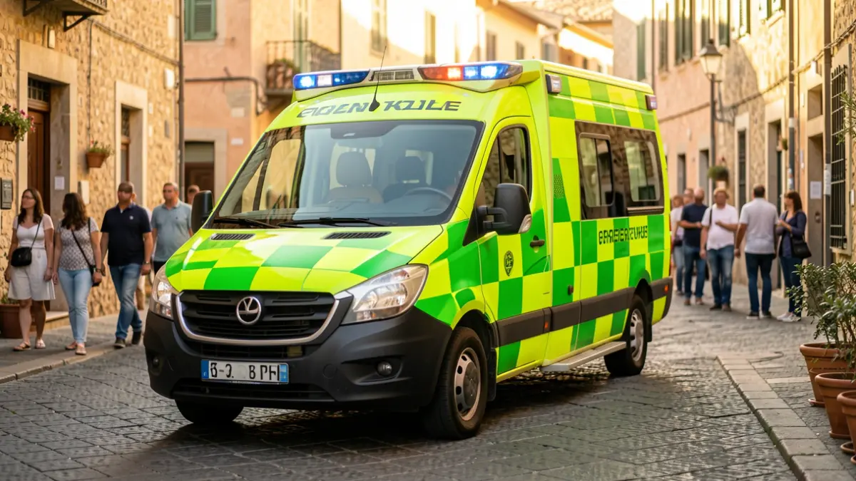 Image of an ambulance with the new high-visibility pattern in an urban setting.