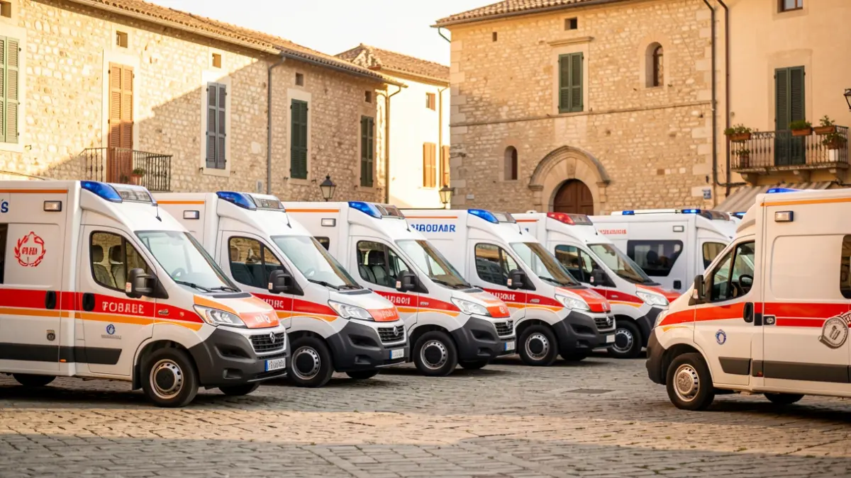 Fleet of new ambulances in front of traditional buildings.