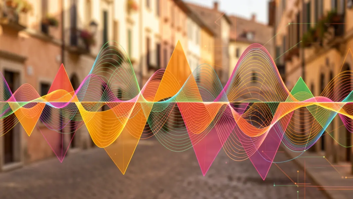 Imagen genérica de ondas sonoras y patrones digitales abstractos con colores mediterráneos.