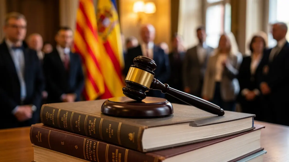 Imagen genérica de un martillo de juez sobre libros de derecho con banderas catalanas desenfocadas al fondo.