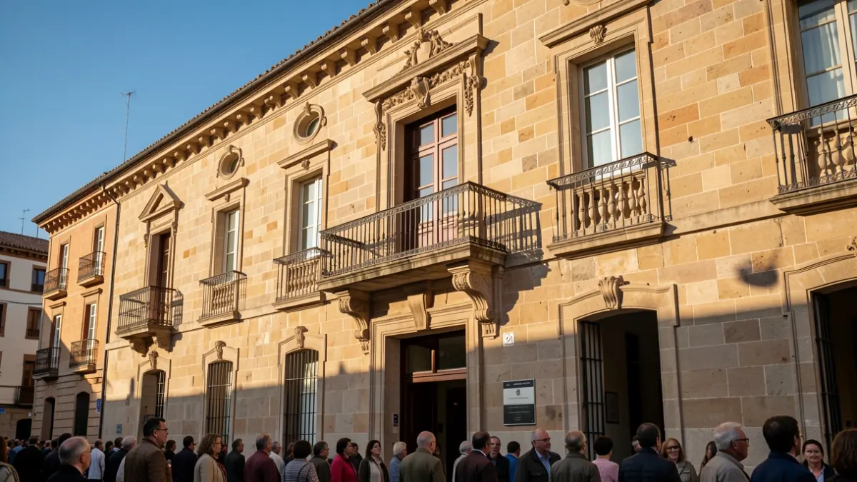 Imagen genérica de la fachada de un ayuntamiento catalán con balcón y barandillas de hierro, luz cálida de tarde.