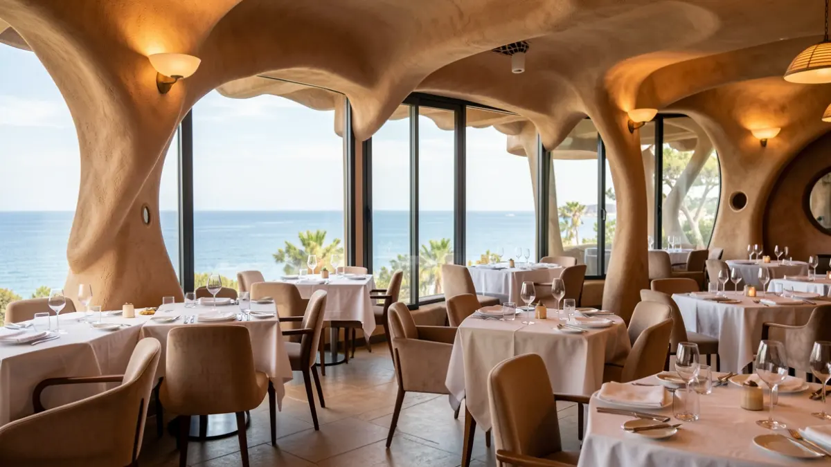 Interior of a modern restaurant with sea views, inspired by Gaudí's architecture.