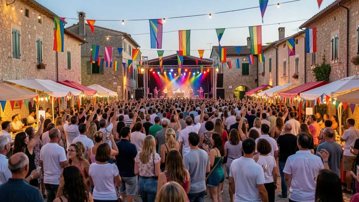 Multitud celebrando un festival al aire libre en la plaza de un pueblo mediterráneo al atardecer, con pancartas y luces de escenario.