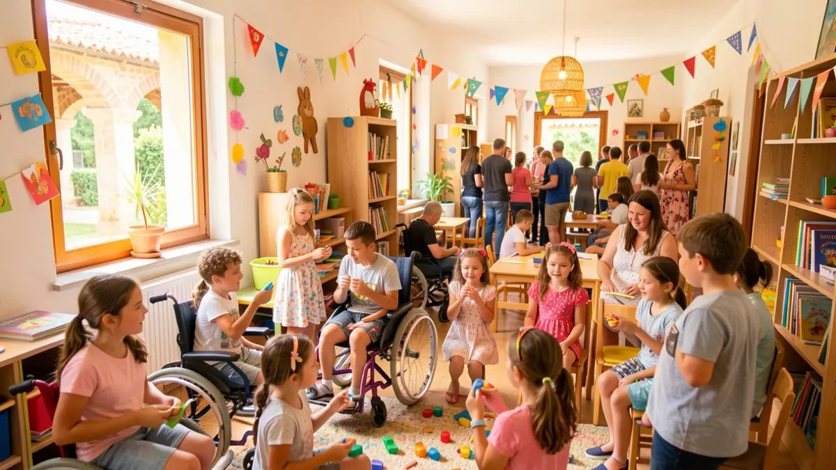 Niños y jóvenes con discapacidad participando en actividades de un campamento de verano.